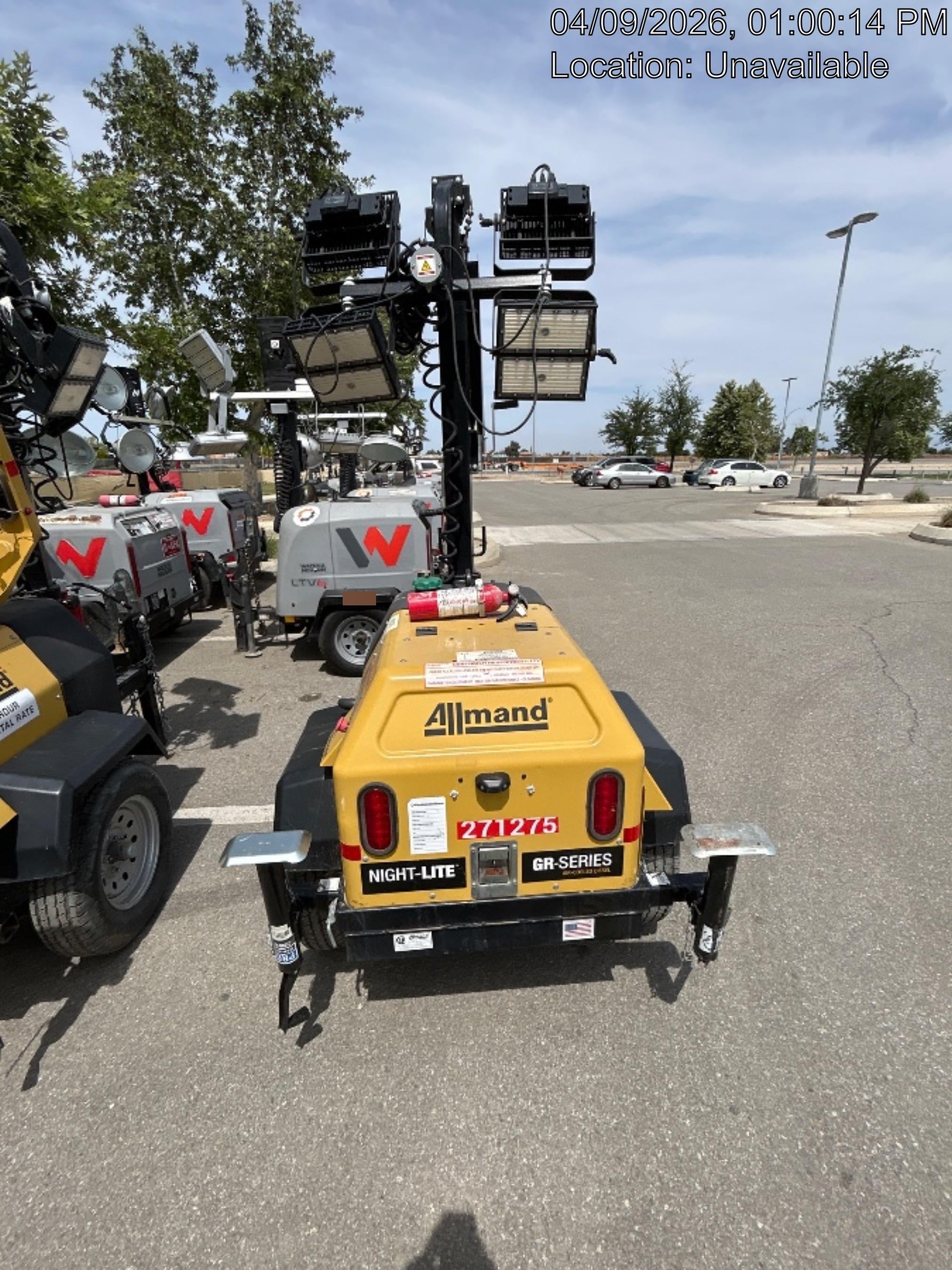 2022 Allmand NLV3GR (4) LED Light Fixture 350W, 23' Vertical Mast, 3kW Prime, Towable, ES Decals, T3