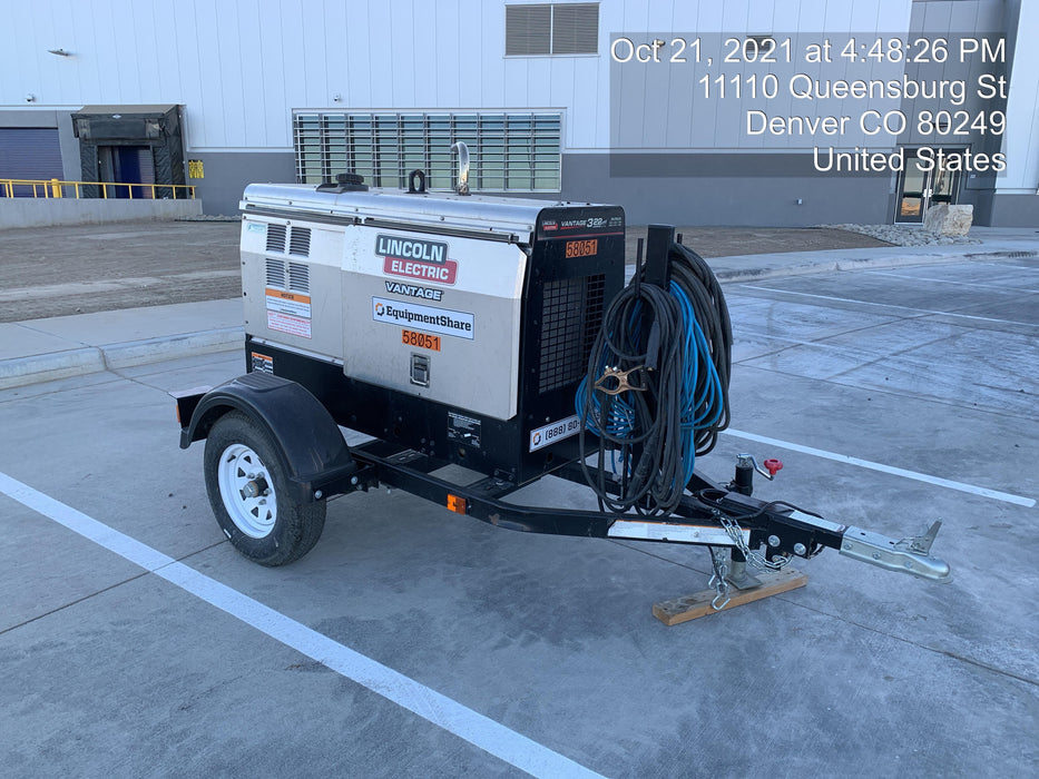 2019 Lincoln Electric Vantage 322 Welder Ready-Pak 3, Two wheel trailer, Fender and Light kit, Cable Rack