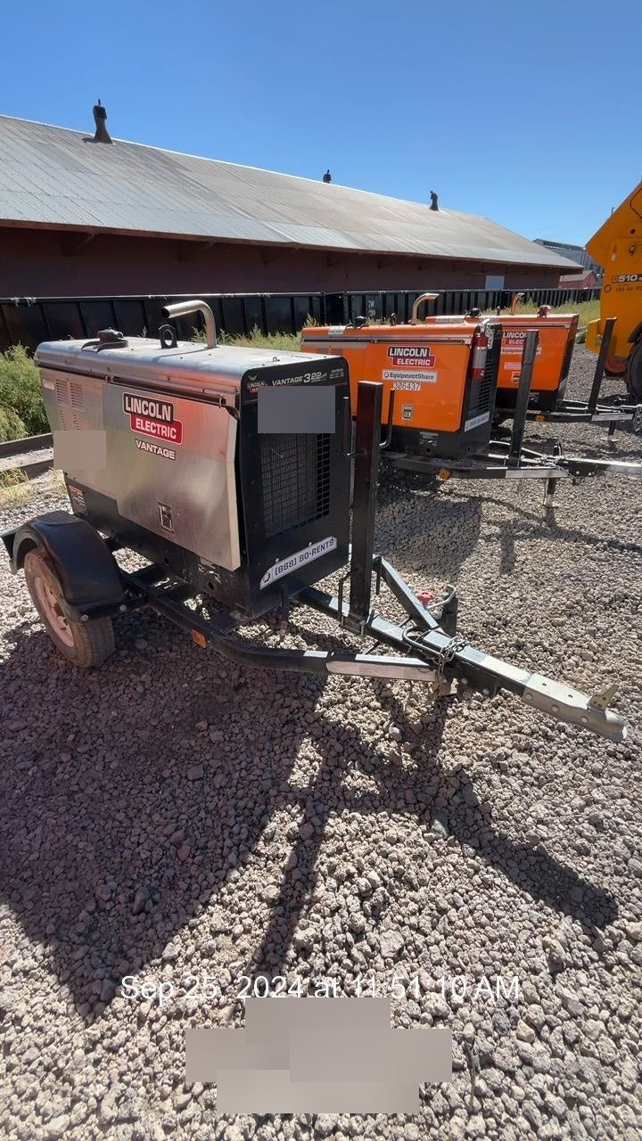 2019 Lincoln Electric Vantage 322 Ready-Pak 3, Two Wheel Trailer, Fender and Light Kit, Cable Rack