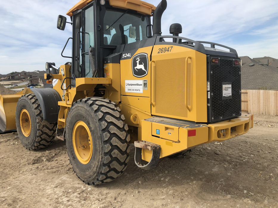 2019 John Deere 524L Cab/Heat/AIR, 3rd Function Hydraulics, Hydraulic JRB QC 2.75 Yd. Bucket, 60" Carriage/72" Forks