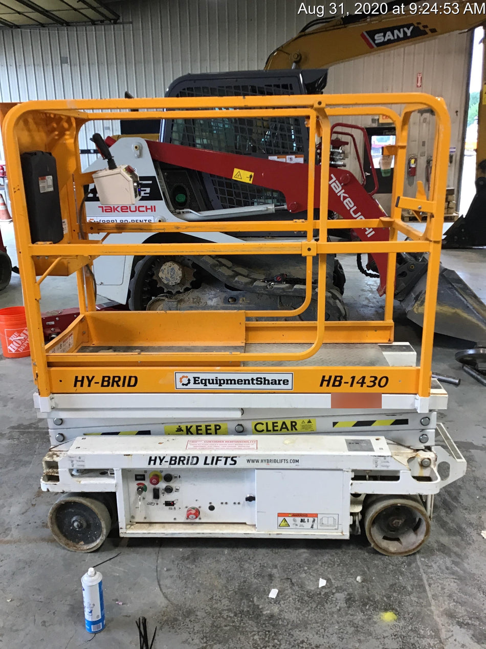 Custom Equipment HB-1430 <ul>
 <li>Hy-Brid Scissor Lift</li>
  <li>Platform capacity up to 670 lbs.</li>
  <li>Working height up to 20 ft</li>
  <li>Weighs under 1,700 lbs.</li>
  <li>Non-marking wheels </li>
</ul>