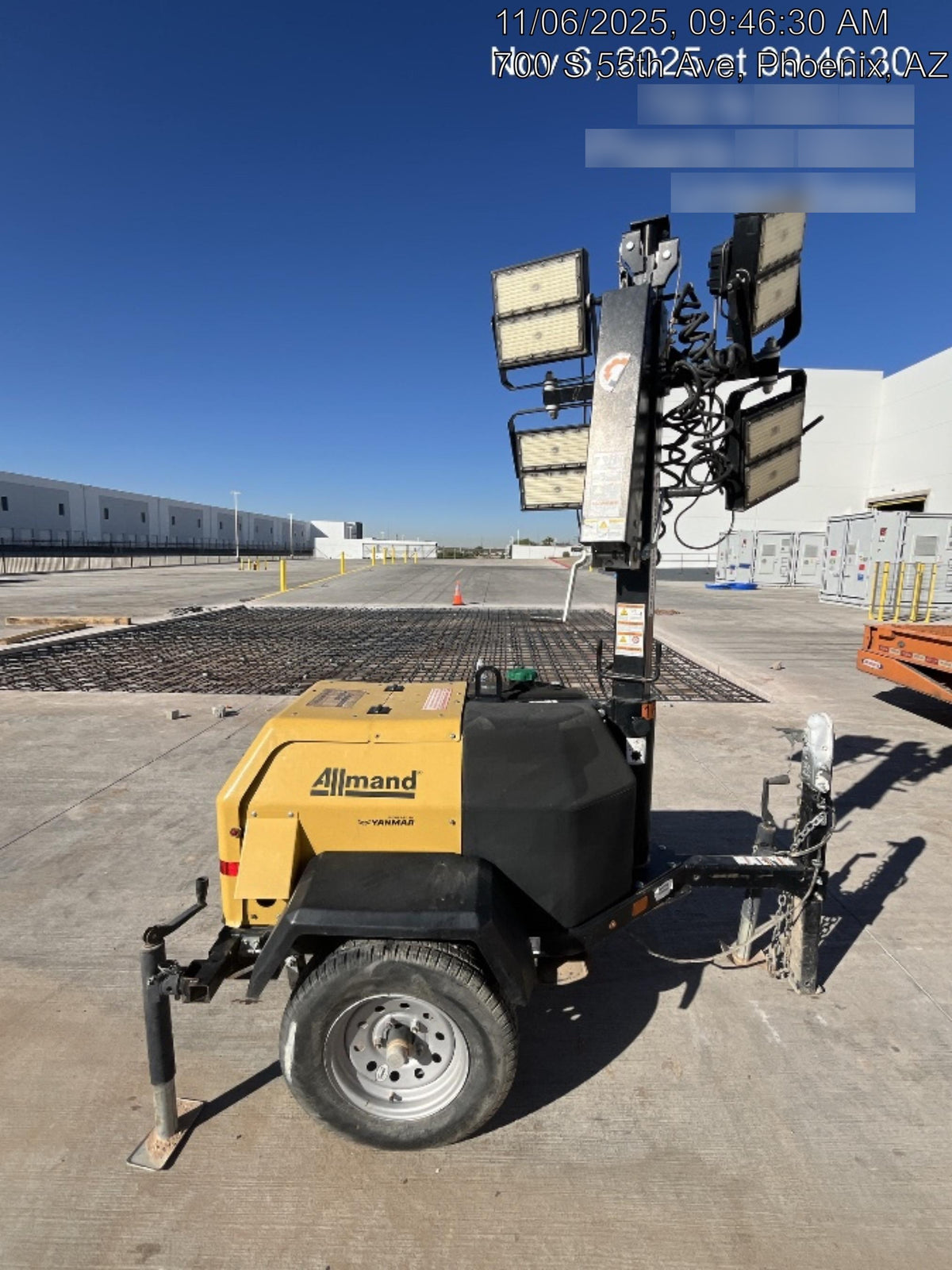 2021 Allmand NLV3GR (4) LED Light Fixture 350W, 23' Vertical Mast, 3kW Prime, Towable, Deep Sea L401, Leveling Jacks, Yanmar T4F 5.8hp