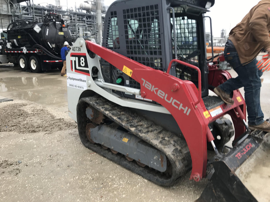 2019 Takeuchi TL8 Cab, Heat/AC, Defroster, 15" Wide Rubber Tracks, Back-up Alarm, Front & Rear Working Lights, Auxiliary Hydraulics, Two-Speed Travel, Electronic Monitoring System, Hydraulic Universal Quick Hitch 76" HD Smooth Dirt Bucket with Bolt-On Edge, 20.3 cubic feet Capacity