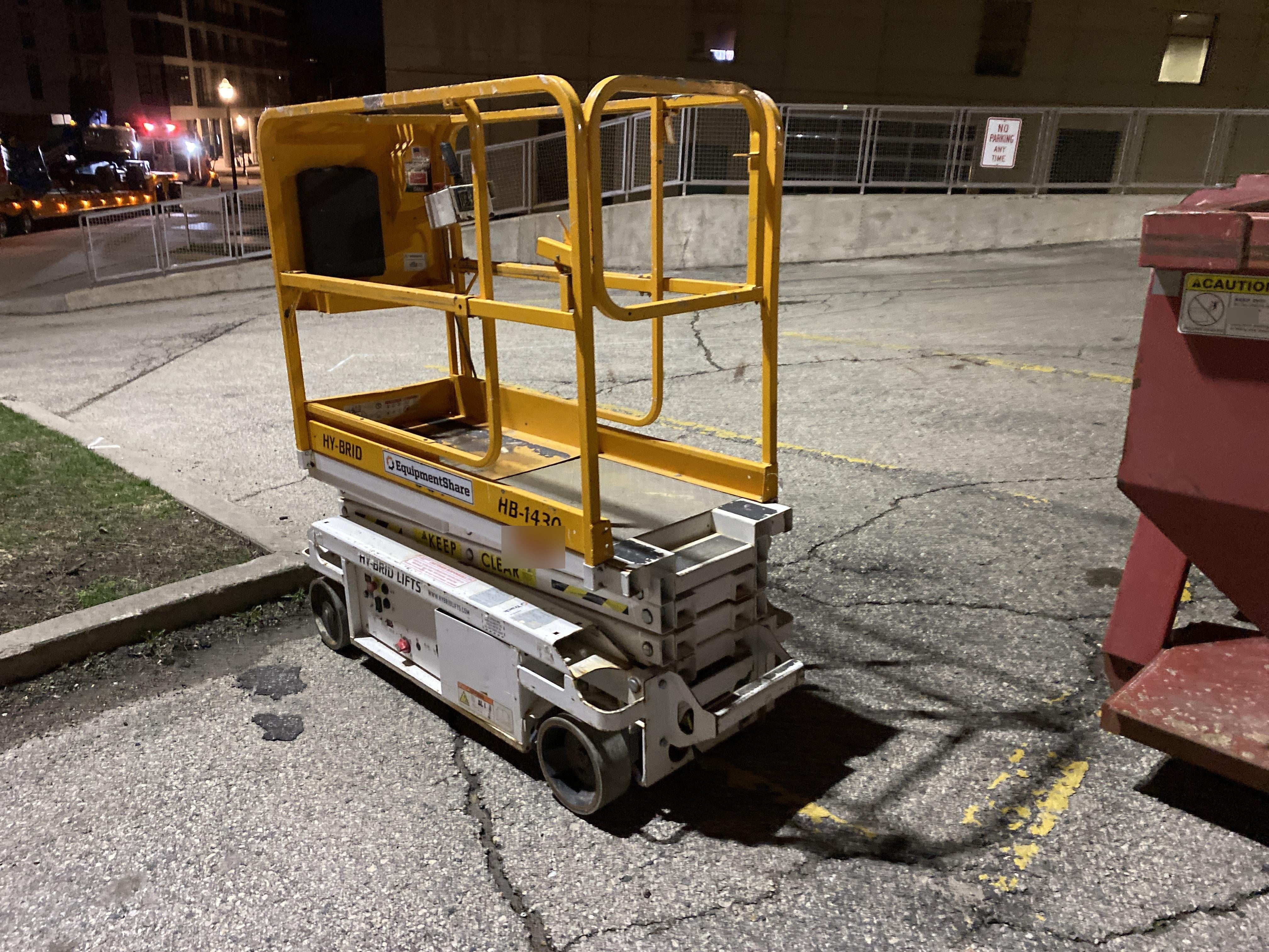 Custom Equipment HB-1430 <ul>
 <li>Hy-Brid Scissor Lift</li>
  <li>Platform capacity up to 670 lbs.</li>
  <li>Working height up to 20 ft</li>
  <li>Weighs under 1,700 lbs.</li>
  <li>Non-marking wheels </li>
</ul>