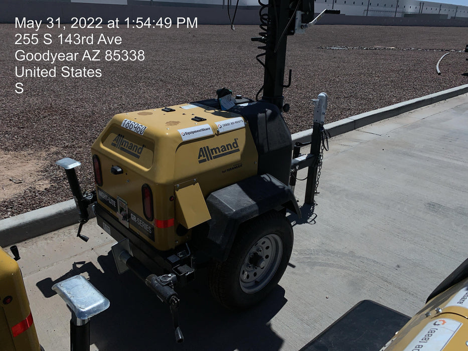 Allmand NLV3GR (4) LED Light Fixture 350W, 23' Vertical Mast, 3kW Prime, Towable, Deep Sea L401, Leveling Jacks, Yanmar T4F 5.8hp