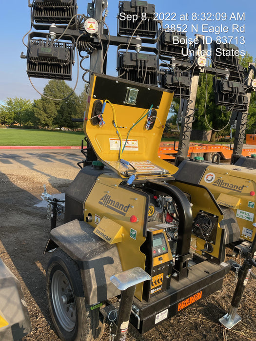 2022 Allmand NLV3GR (4) LED Light Fixture 350W, 23' Vertical Mast, 3kW Prime, Towable, ES Decals, T3