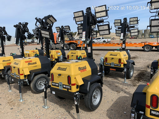 2022 Allmand NLV3GR (4) LED Light Fixture 350W, 23' Vertical Mast, 3kW Prime, Towable, Deep Sea L401, Leveling Jacks, Yanmar T4F 5.8hp