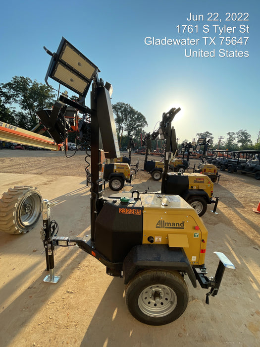 2022 Allmand NLV3GR (4) LED Light Fixture 350W, 23' Vertical Mast, 3kW Prime, Towable, Deep Sea L401, Leveling Jacks, Yanmar T4F 5.8hp