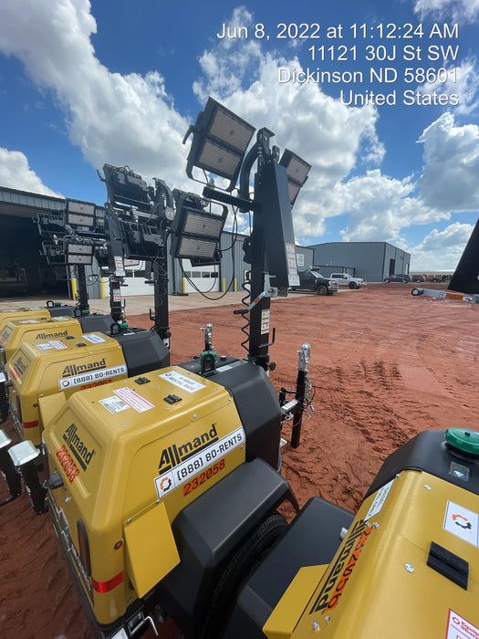 2022 Allmand NLV3GR (4) LED Light Fixture 350W, 23' Vertical Mast, 3kW Prime, Towable, Deep Sea L401, Leveling Jacks, Yanmar T4F 5.8hp