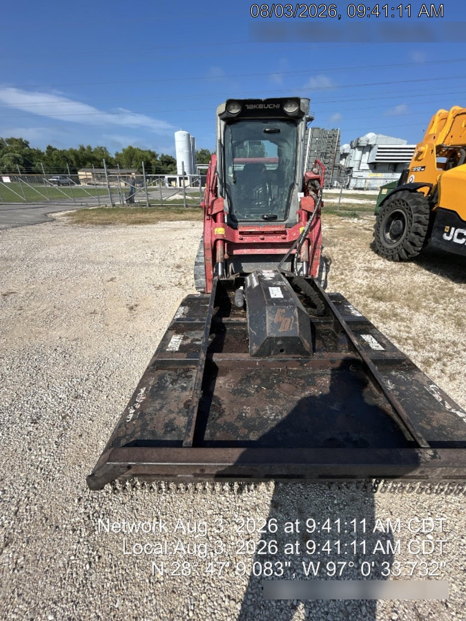 2019 Takeuchi TL10V2-CR Cab/Heat/AC, Rubber Tracks, Backup Alarm, Front & rear working Lights, Auxiliary Hydraulics, 2 Speed Travel, Engine Monitoring System, Hydraulic universal quick hitch w/76" HD smooth dirt bucket with bolt-on edge, 20.3 cubic feet capacity, 48" Pallet forks and frame