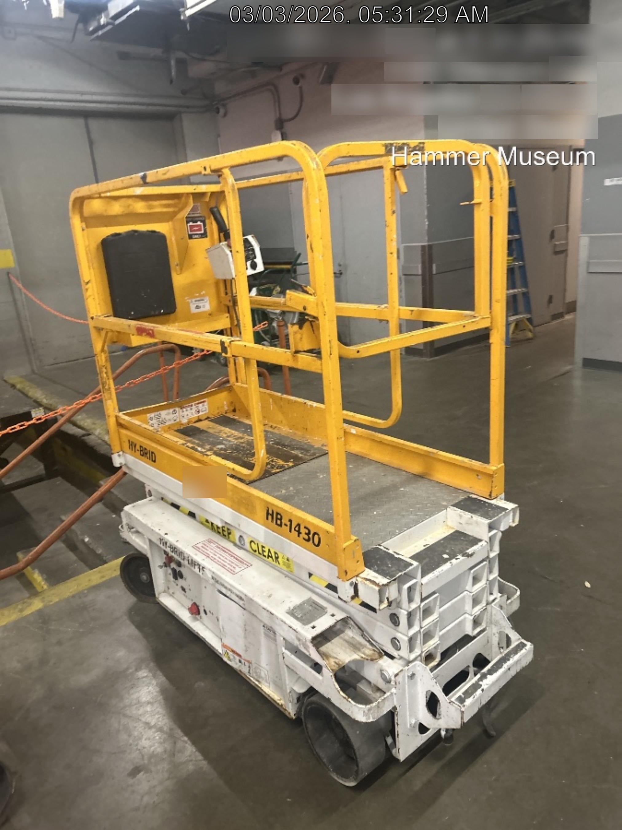 Custom Equipment HB-1430 <ul>
 <li>Hy-Brid Scissor Lift</li>
  <li>Platform capacity up to 670 lbs.</li>
  <li>Working height up to 20 ft</li>
  <li>Weighs under 1,700 lbs.</li>
  <li>Non-marking wheels </li>
</ul>