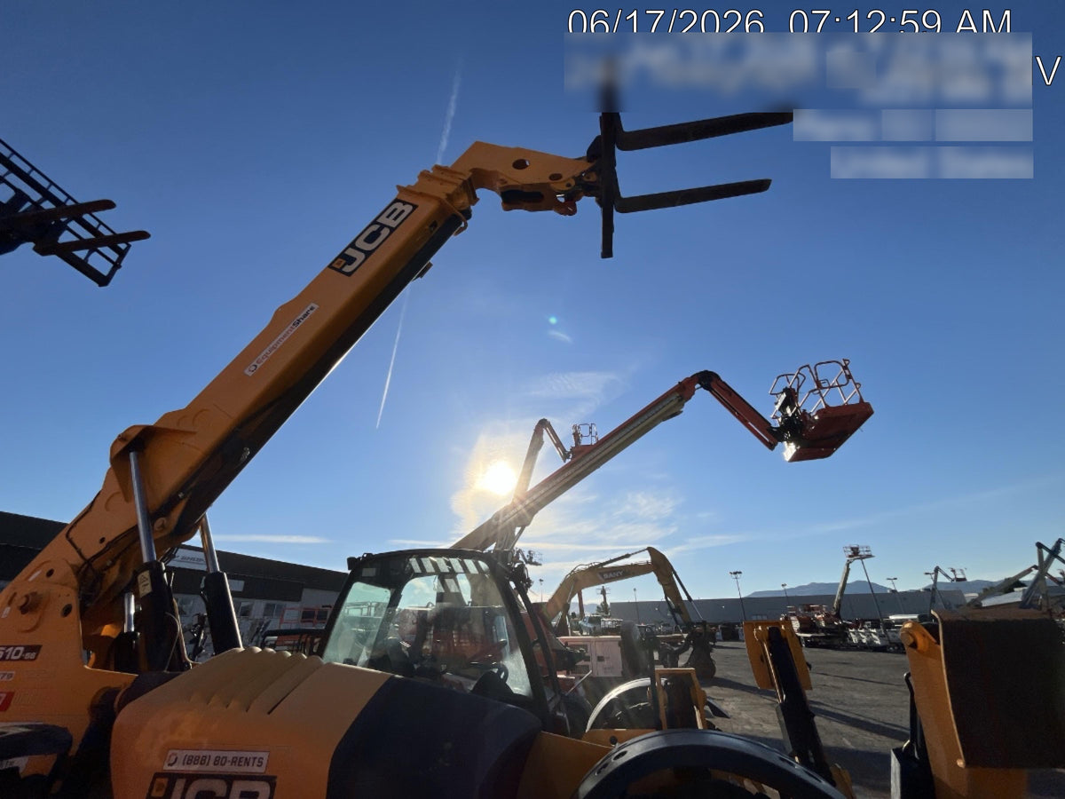 2019 JCB 510-56 74 HP w/Open ROPS, Beacon, Aux Hydraulics, Worklights, Solid Tires w/60" Carriage/Forks