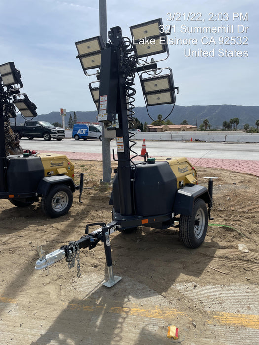 2021 Allmand NLV3GR (4) LED Light Fixture 350W, 23' Vertical Mast, 3kW Prime, Towable, Deep Sea L401, Leveling Jacks, Yanmar T4F 5.8hp