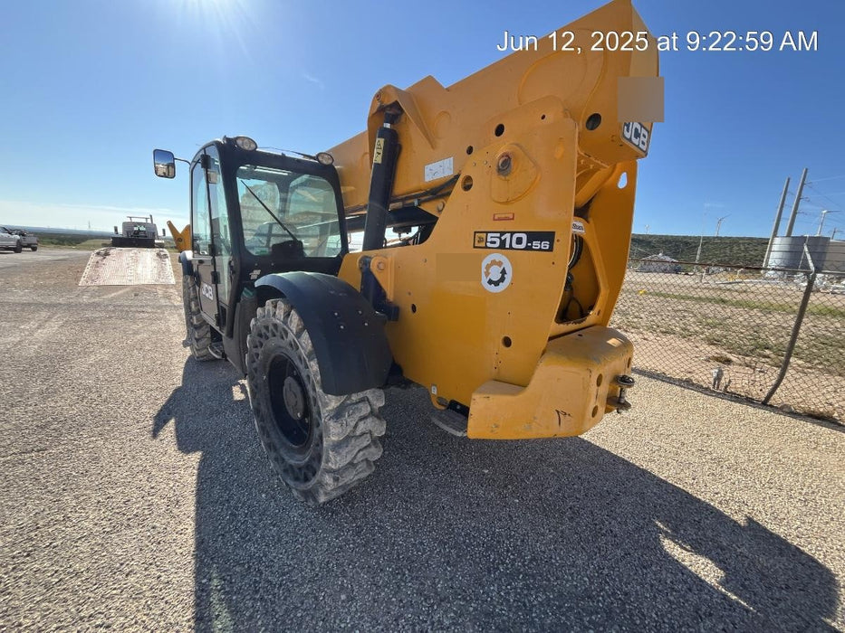 2020 JCB 510-56 Cab/Heat/Air, 74 HP, Solid Tires, STD Worklight, Beacon, Aux Hydraulics, Lifting Eye, Back up Alarm w/66" Carriage/60" Forks
