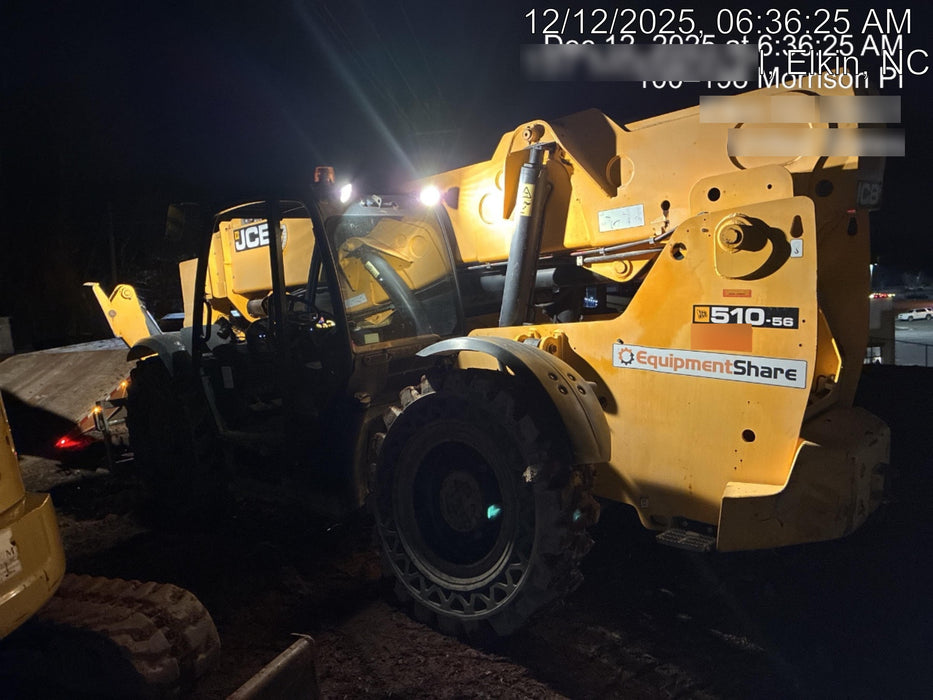 2019 JCB 510-56 Open ROPS, 74 HP, Solid Tires, Worklights, Beacon, Aux Hydraulics, Lifting Eye w/60" Carriage/60" Forks
