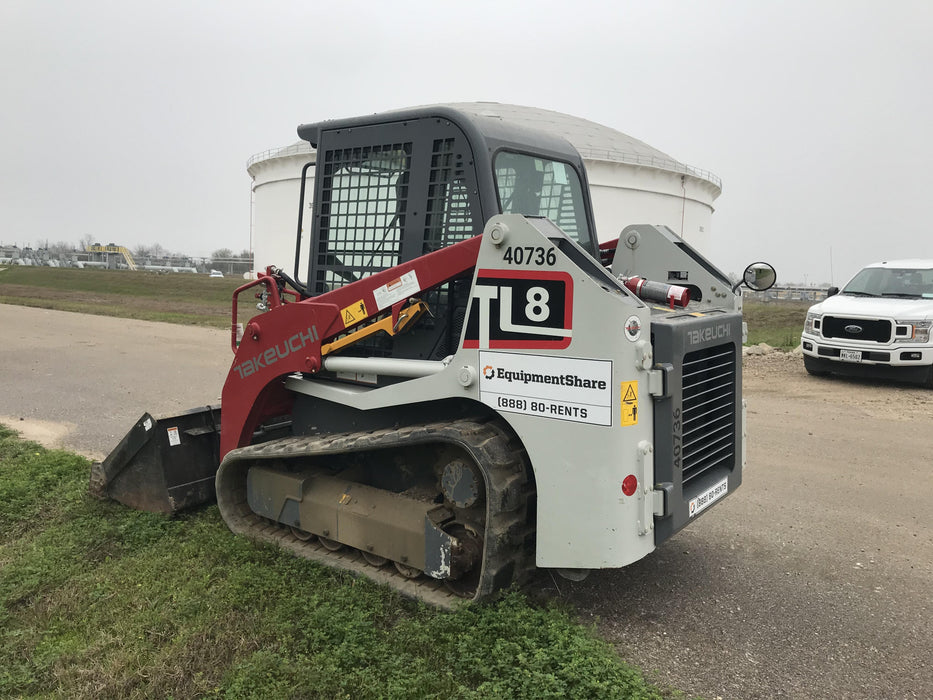 2019 Takeuchi TL8 Cab, Heat/AC, Defroster, 15" Wide Rubber Tracks, Back-up Alarm, Front & Rear Working Lights, Auxiliary Hydraulics, Two-Speed Travel, Electronic Monitoring System, Hydraulic Universal Quick Hitch 76" HD Smooth Dirt Bucket with Bolt-On Edge, 20.3 cubic feet Capacity