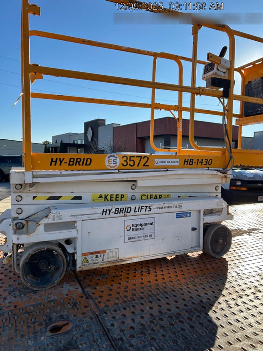 Custom Equipment HB-1430 Hy-Brid Scissor Lift
Platform capacity up to 670 lbs
Working height up to 20 ft
Weighs under 1,700 lbs
Non-marking wheels