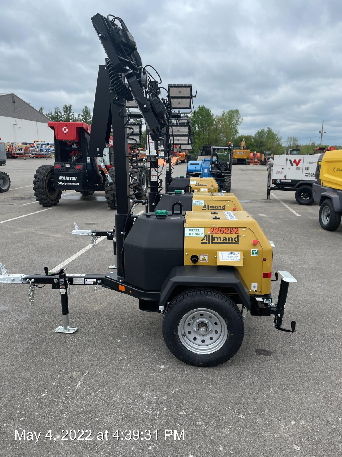 2022 Allmand NLV3GR (4) LED Light Fixture 350W, 23' Vertical Mast, 3kW Prime, Towable, Deep Sea L401, Leveling Jacks, Yanmar T4F 5.8hp