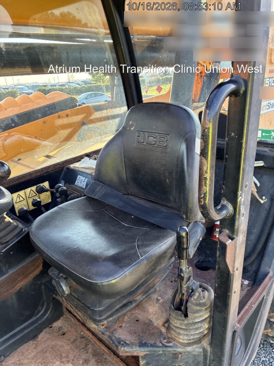 2019 JCB 510-56 Open ROPS, 74 HP, Solid Tires, Worklights, Beacon, Aux Hydraulics, Lifting Eye w/60" Carriage/60" Forks