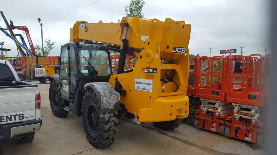 2019 JCB 512-56 Enclosed Cab, 109 HP, Solid Tires, Worklights, Beacon, Aux Hydraulics, Lifting Eye w/60" Carriage/60" Forks