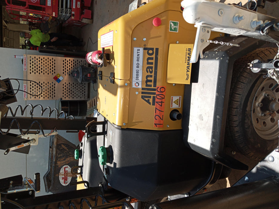 2021 Allmand NLV3GR (4) LED Light Fixture 350W, 23' Vertical Mast, 3kW Prime, Towable, Deep Sea L401, Leveling Jacks, Yanmar T4F 5.8hp