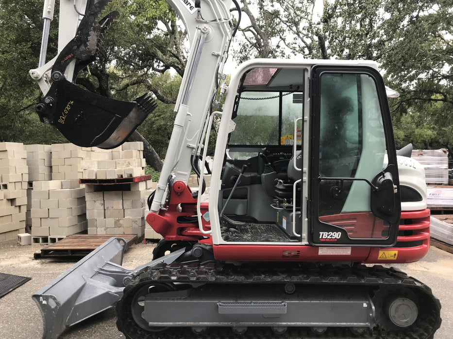 2019 Takeuchi TB290 Cab, AC, Rubber Tracks, Dozer Blade, Travel Alarm, Control Pattern Change Valve, Auxiliary Hydraulics w/18" Quick Coupler Bucket with teeth, 6.2 cu. ft. capacity/24" Quick Coupler Bucket with teeth, 8.6 cu. ft. capacity/36" Quick Coupler Bucket with teeth, 13.4 cu. ft. capacity, Quick Coupler, Hydraulic Thumb Installed