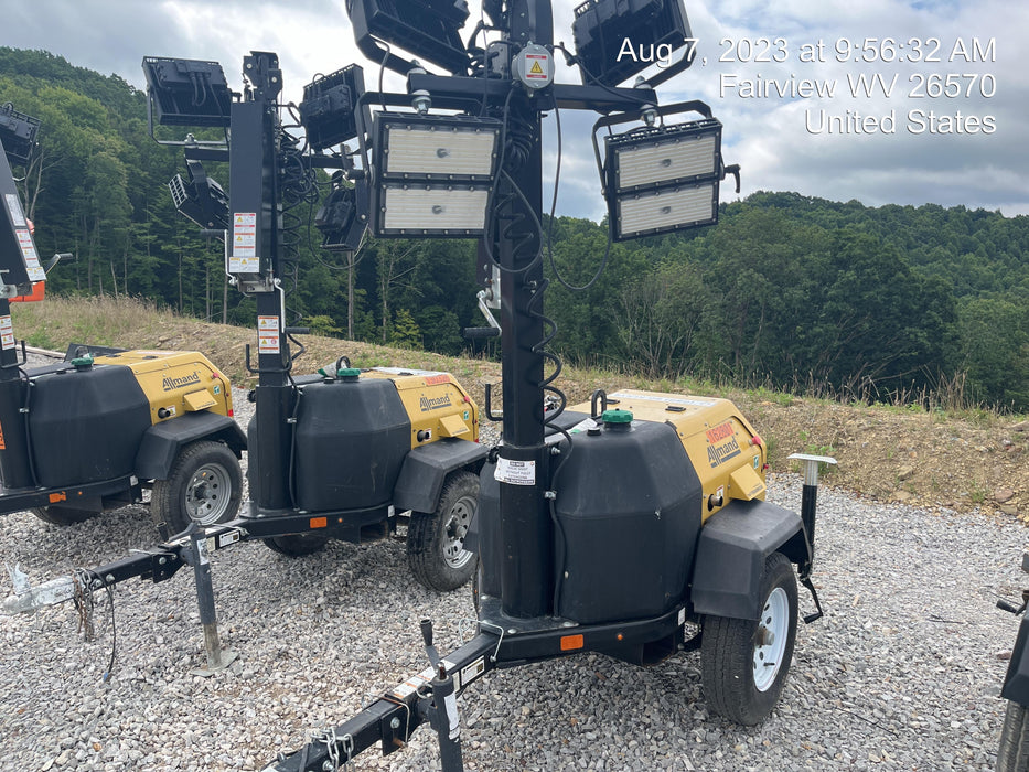 2021 Allmand NLV3GR (4) LED Light Fixture 350W, 23' Vertical Mast, 3kW Prime, Towable, Deep Sea L401, Leveling Jacks, Yanmar T4F 5.8hp