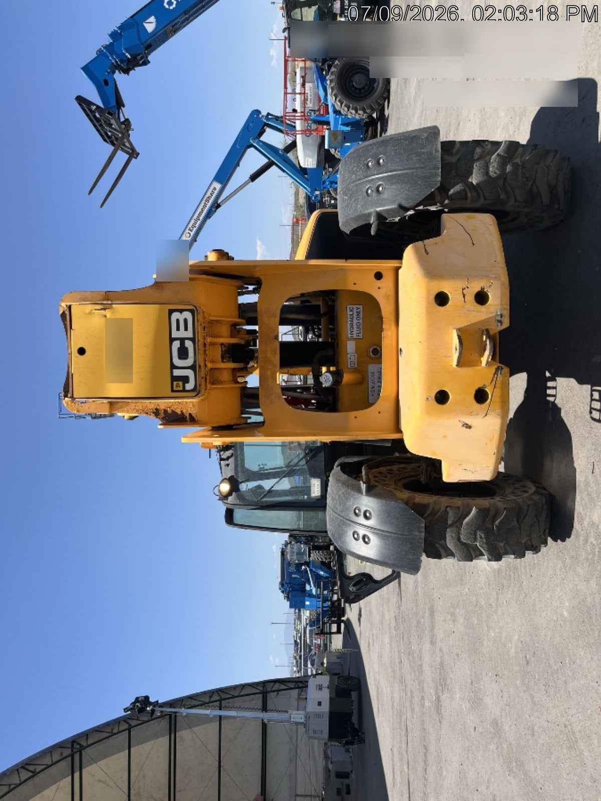 2019 JCB 512-56 74 HP w/CAB/HVAC, Beacon, Aux Hydraulics, Worklights, Solid Tires w/60" Carriage/Forks