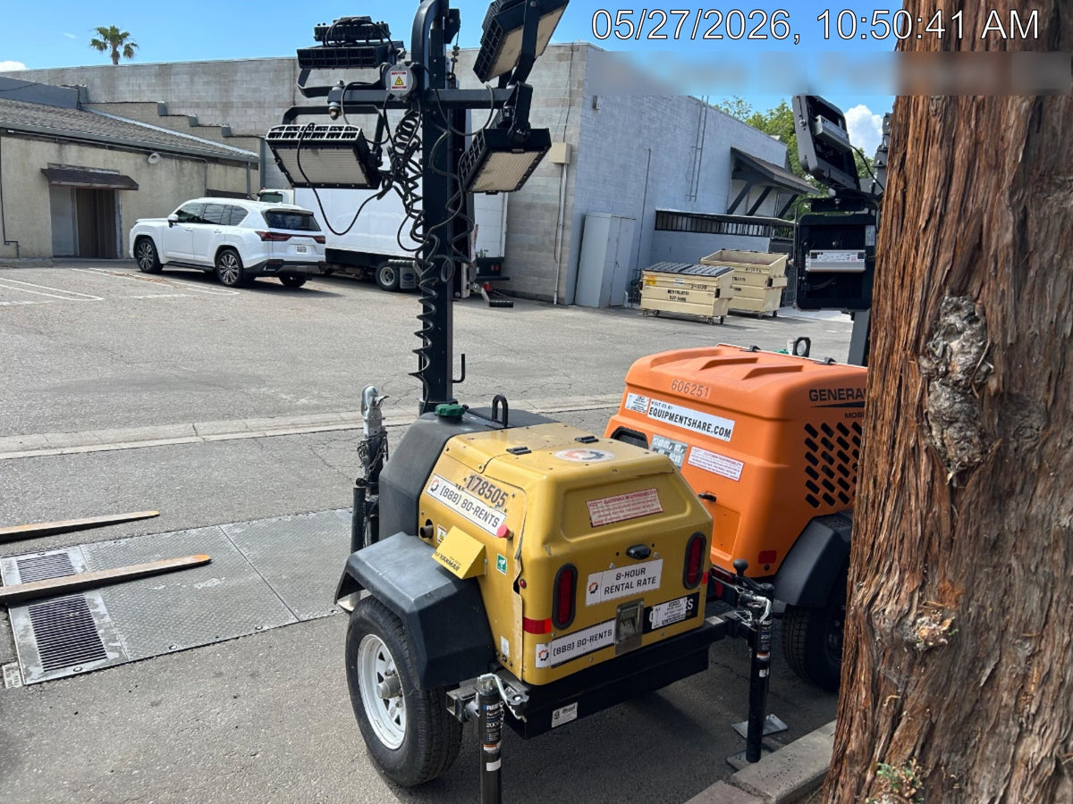 Allmand NLV3GR (4) LED Light Fixture 350W, 23' Vertical Mast, 3kW Prime, Towable, Deep Sea L401, Leveling Jacks, Yanmar T4F 5.8hp