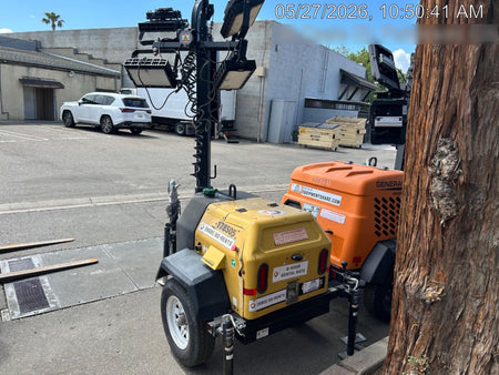 Allmand NLV3GR (4) LED Light Fixture 350W, 23' Vertical Mast, 3kW Prime, Towable, Deep Sea L401, Leveling Jacks, Yanmar T4F 5.8hp