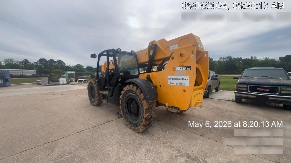2019 JCB 509-42 74 HP w/Open ROPS, Beacon, Aux Hydraulics, LED Work lights, Solid Tires 66" Carriage/60" Forks