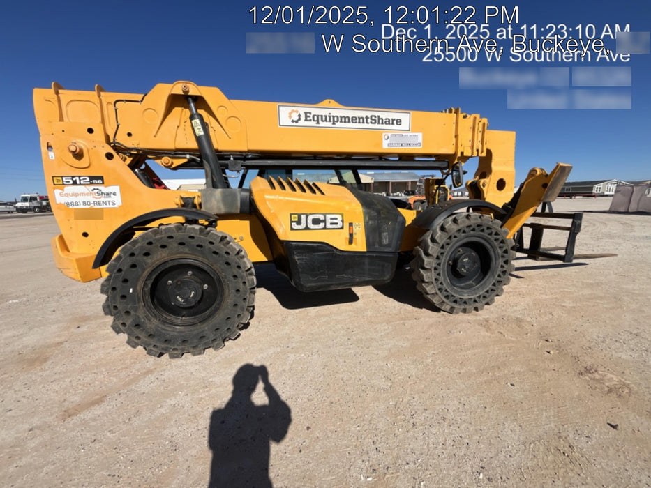 2019 JCB 512-56 74 HP w/CAB/HVAC, Beacon, Aux Hydraulics, Worklights, Solid Tires w/60" Carriage/Forks