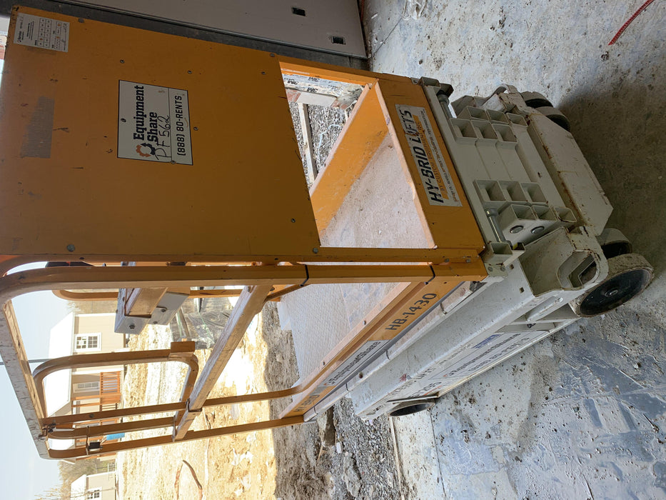 Custom Equipment HB-1430 Hy-Brid Scissor Lift
Platform capacity up to 670 lbs
Working height up to 20 ft
Weighs under 1,700 lbs
Non-marking wheels