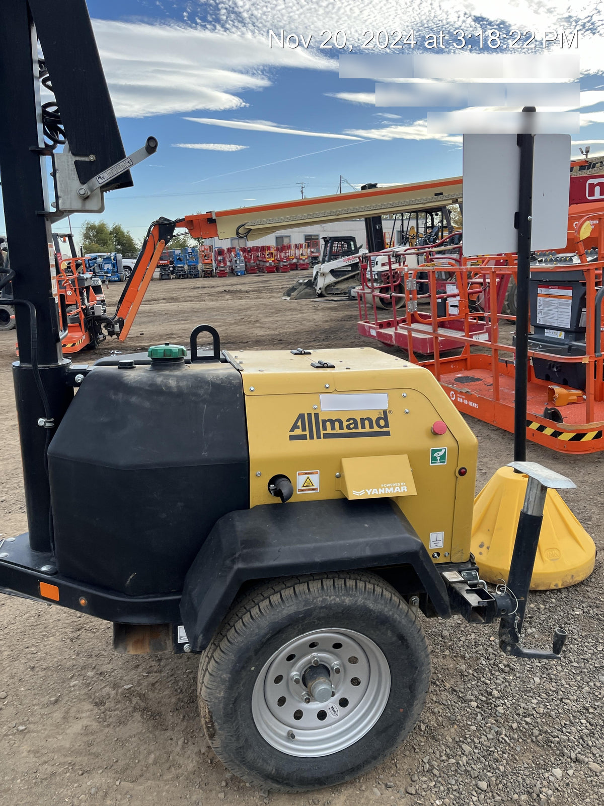 2022 Allmand NLV3GR (4) LED Light Fixture 350W, 23' Vertical Mast, 3kW Prime, Towable, Deep Sea L401, Leveling Jacks, Yanmar T4F 5.8hp