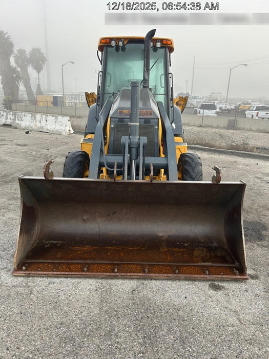 2019 John Deere 410L 4WD, CAB/HVAC, Standard Dipperstick, ISO Controls, Rear Aux Hydraulics, Manual QC w/1.5 Yd Bucket w/Forks, 24" Bucket