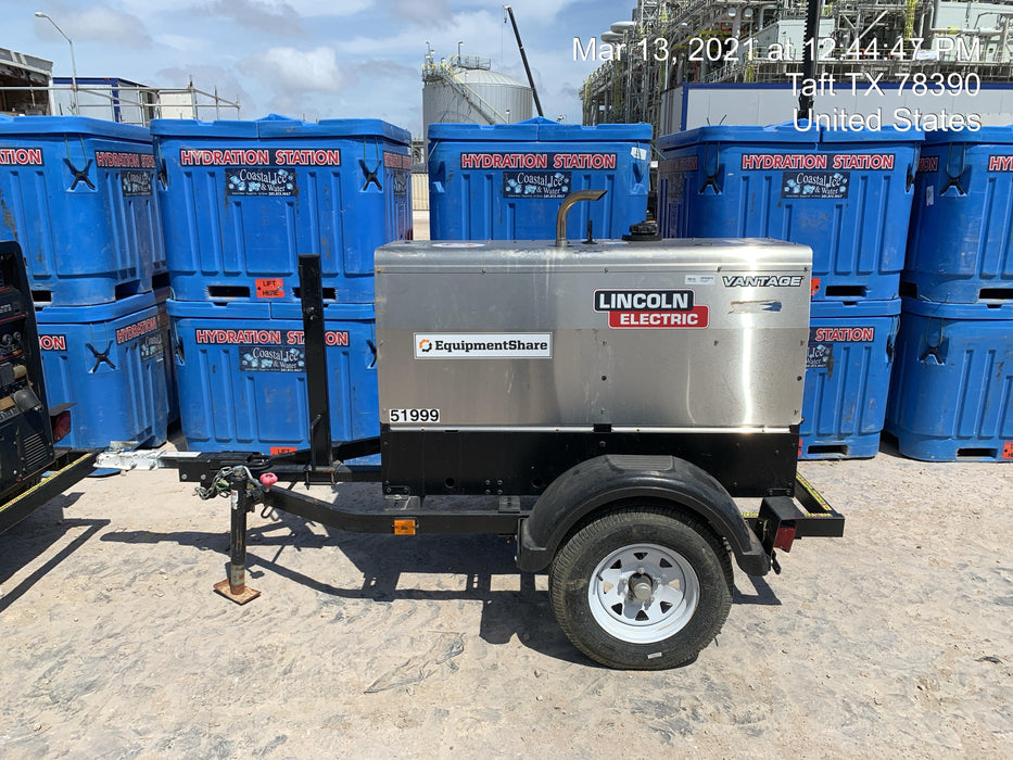 2019 Lincoln Electric Vantage 322 Welder Ready-Pak 3, Two wheel trailer, Fender and Light kit, Cable Rack