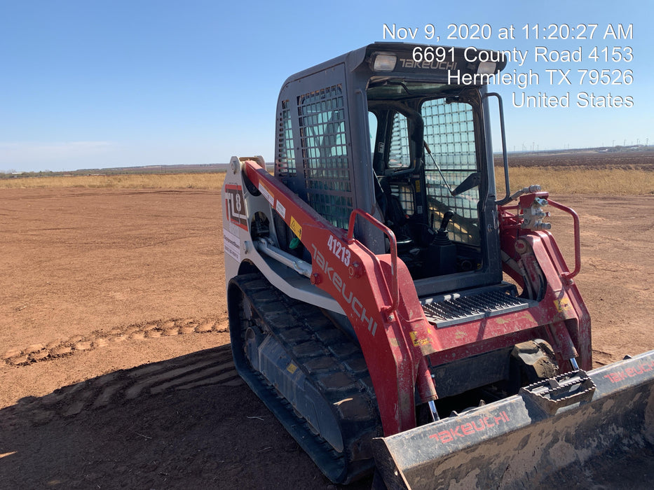 2019 Takeuchi TL8 Cab, Heat/AC, Defroster, 15" Wide Rubber Tracks, Back-up Alarm, Front & Rear Working Lights, Auxiliary Hydraulics, Two-Speed Travel, Electronic Monitoring System, Hydraulic Universal Quick Hitch 76" HD Dirt Bucket with 8 Teeth, 20.3 cubic feet Capacity