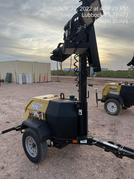 2022 Allmand NLV3GR (4) LED Light Fixture 350W, 23' Vertical Mast, 3kW Prime, Towable, Deep Sea L401, Leveling Jacks, Yanmar T4F 5.8hp