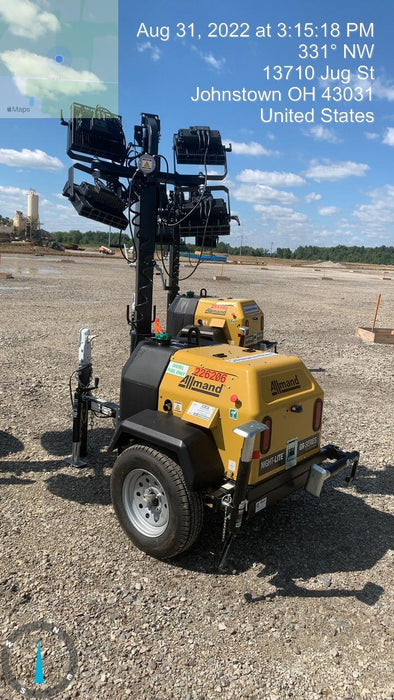 2022 Allmand NLV3GR (4) LED Light Fixture 350W, 23' Vertical Mast, 3kW Prime, Towable, Deep Sea L401, Leveling Jacks, Yanmar T4F 5.8hp