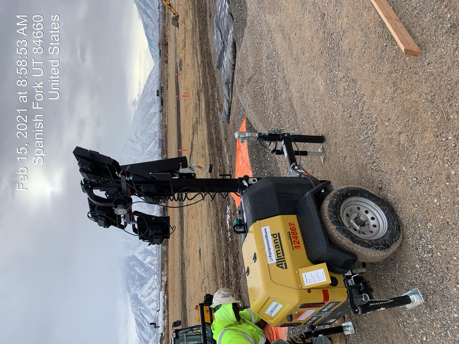 Allmand NLV3GR (4) LED Light Fixture 350W, 23' Vertical Mast, 3kW Prime, Towable, Deep Sea L401, Leveling Jacks, Yanmar T4F 5.8hp