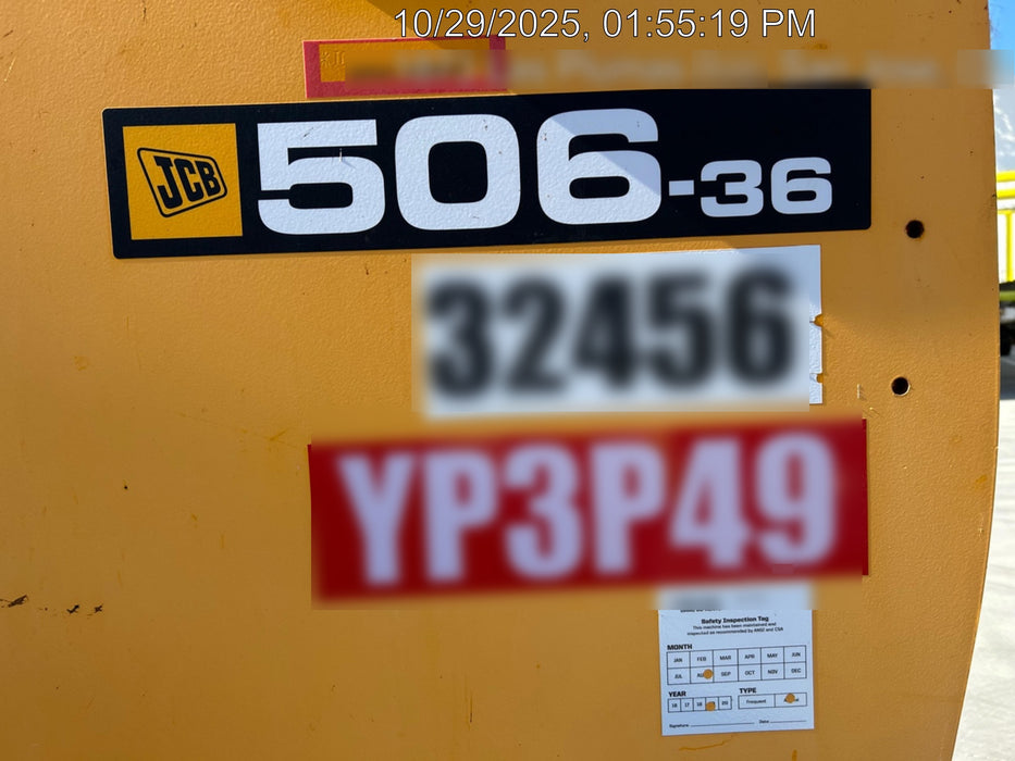 2019 JCB 506-36 Canopy, 74 HP, Foam Filled Tires, STD Worklight, Beacon, Aux Hydraulics, Lifting Eye, Back up Alarm 48" Carriage/48" Forks