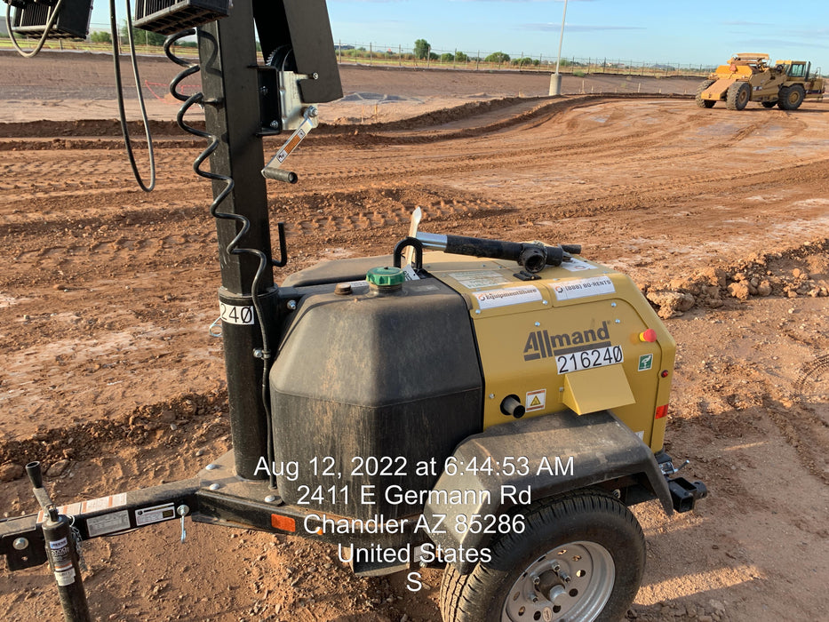 2022 Allmand NLV3GR (4) LED Light Fixture 350W, 23' Vertical Mast, 3kW Prime, Towable, Deep Sea L401, Leveling Jacks, Yanmar T4F 5.8hp