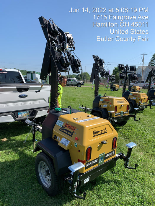 2022 Allmand NLV3GR (4) LED Light Fixture 350W, 23' Vertical Mast, 3kW Prime, Towable, Deep Sea L401, Leveling Jacks, Yanmar T4F 5.8hp