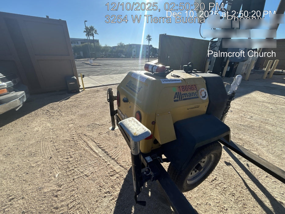 Allmand NLV3GR (4) LED Light Fixture 350W, 23' Vertical Mast, 3kW Prime, Towable, Deep Sea L401, Leveling Jacks, Yanmar T4F 5.8hp