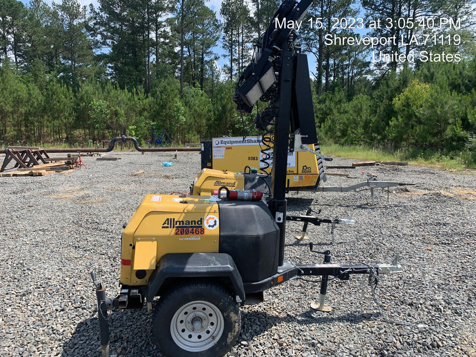 2022 Allmand NLV3GR (4) LED Light Fixture 350W, 23' Vertical Mast, 3kW Prime, Towable, Deep Sea L401, Leveling Jacks, Yanmar T4F 5.8hp