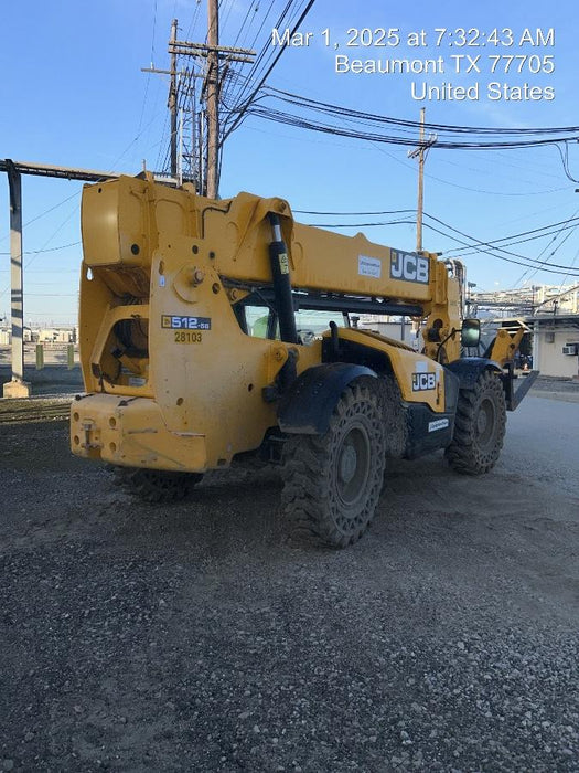 2019 JCB 512-56 109 HP w/Open ROPS, Beacon, Aux Hydraulics, Worklights, Solid Tires w/60" Carriage/Forks
