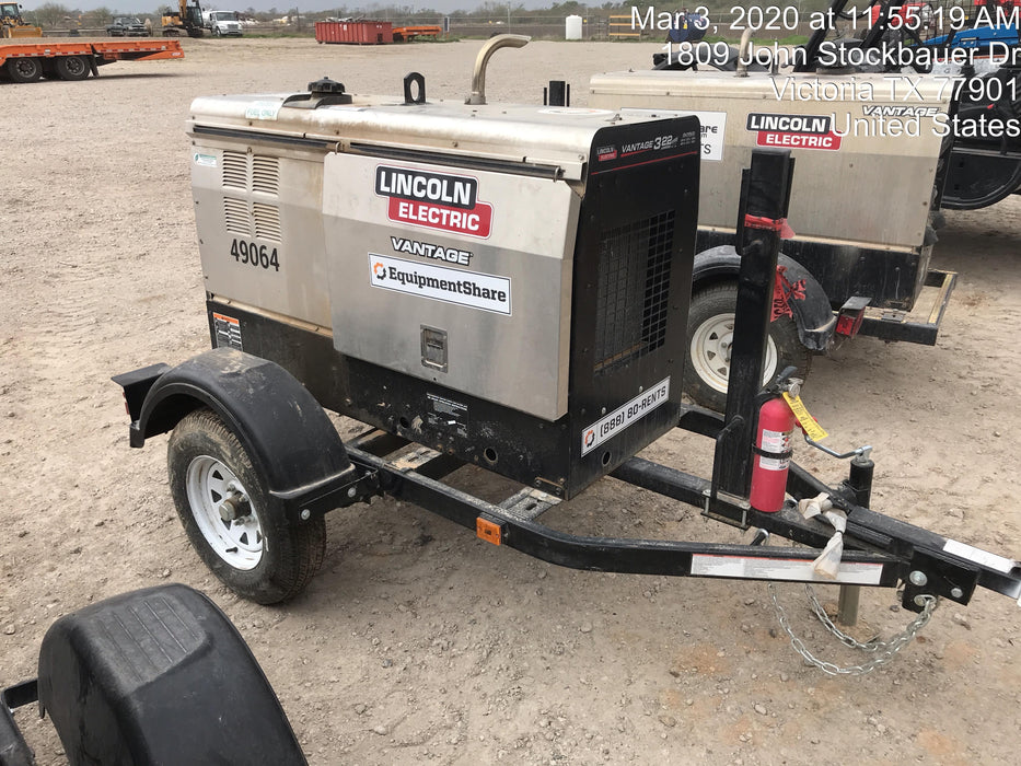 2019 Lincoln Electric Vantage 322 Ready-Pak 3, Two Wheel Trailer, Fender and Light Kit, Cable Rack