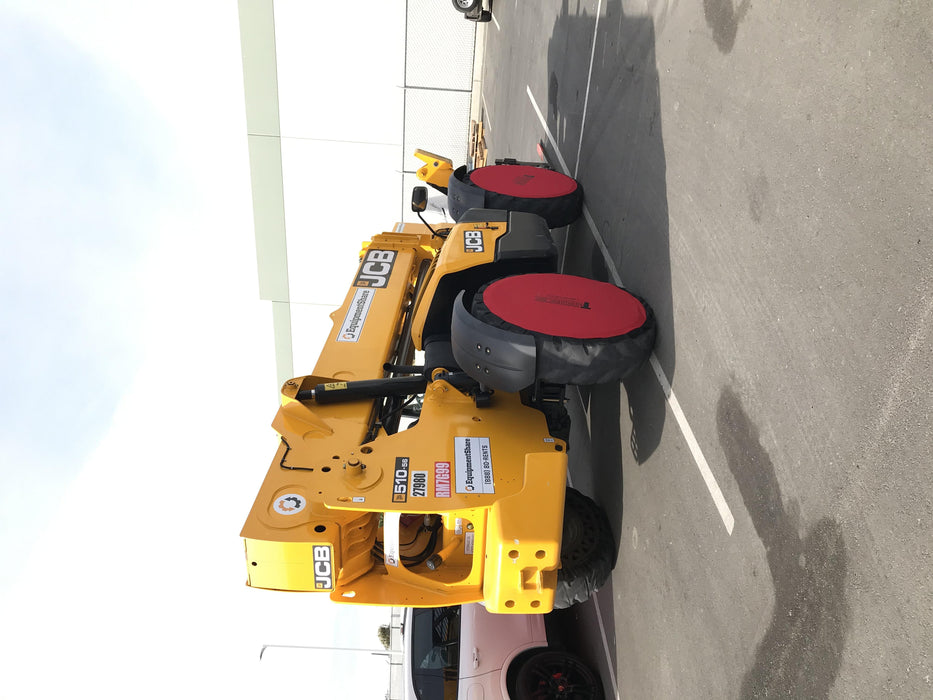 2019 JCB 510-56 74 HP w/Open ROPS, Beacon, Aux Hydraulics, Worklights, Solid Tires w/60" Carriage/Forks