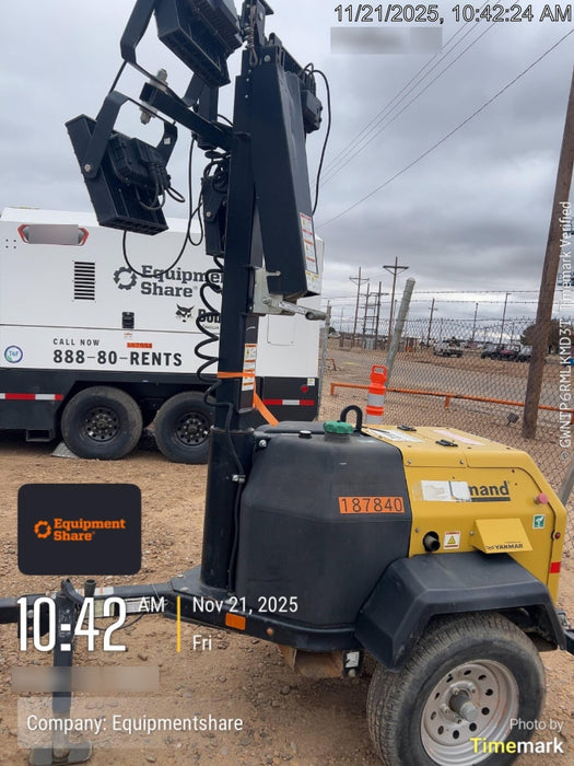 Allmand NLV3GR (4) LED Light Fixture 350W, 23' Vertical Mast, 3kW Prime, Towable, Deep Sea L401, Leveling Jacks, Yanmar T4F 5.8hp