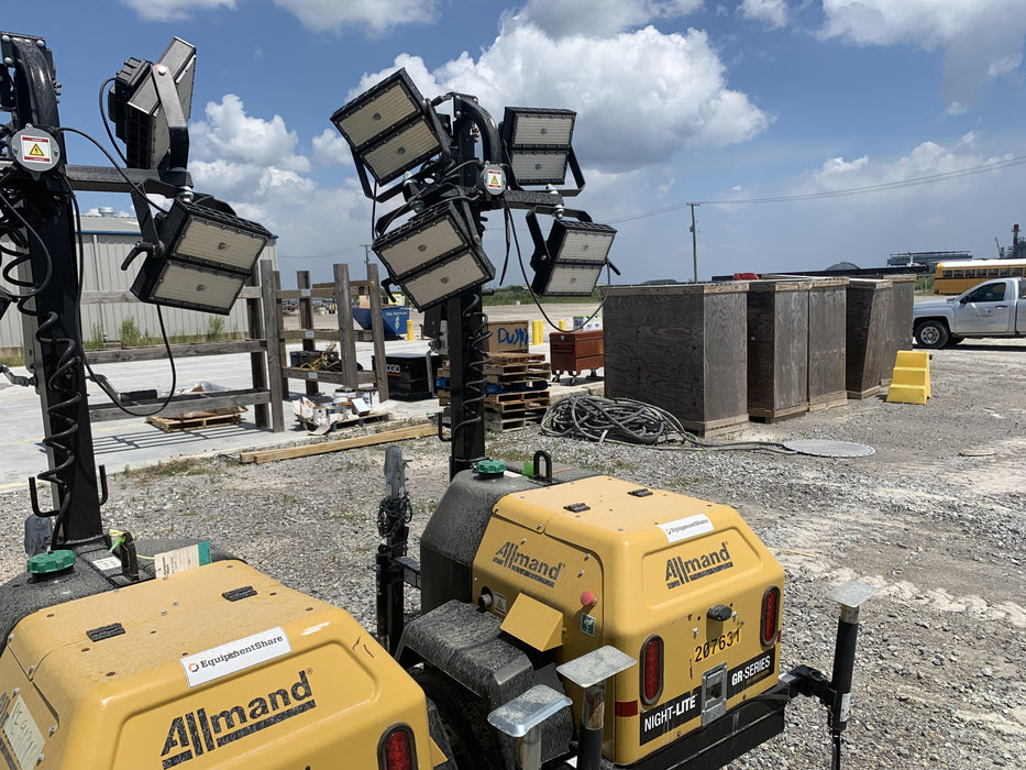 2022 Allmand NLV3GR (4) LED Light Fixture 350W, 23' Vertical Mast, 3kW Prime, Towable, Deep Sea L401, Leveling Jacks, Yanmar T4F 5.8hp